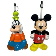 Vintage Disney Molded Figural Cups w/ Straws Mickey Mouse Goofy Lot of 2