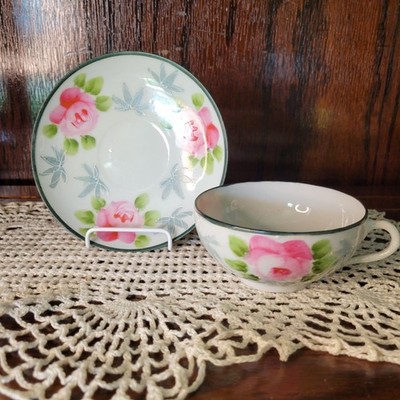 Vintage Noritake Nippon Hand Painted Pink Rose Rose Set Of 6 Tea Cups/Saucers