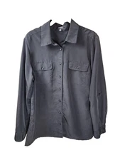 Elementz Womens M Black Roll Tab Sleeve Button Up Collared Shirt Blouse Utility