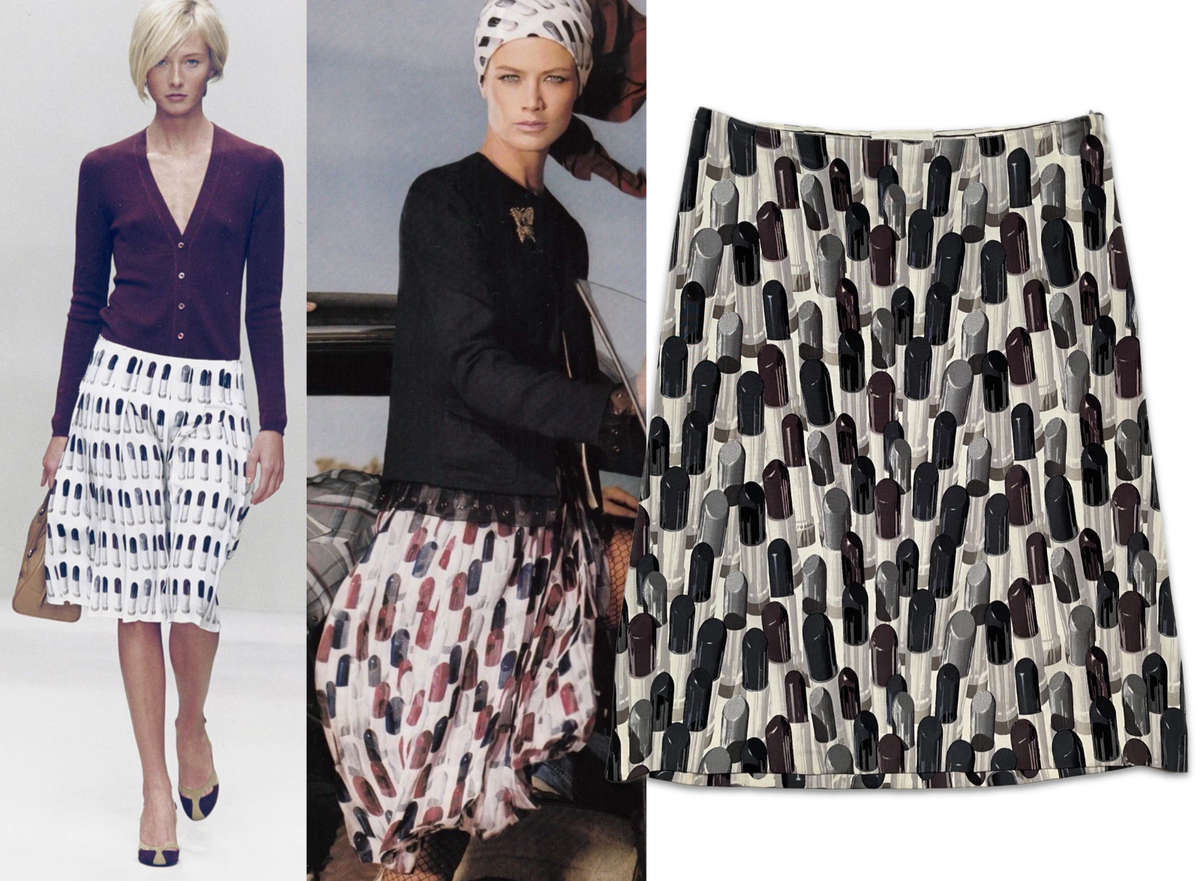 Prada Vintage Spring 2000 Black Grey Lipstick Print Silk Skirt 38 Prada Vintage Spring 2000 Black Grey Lipstick Print Silk Skirt 38