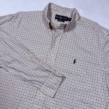 Ralph Lauren Shirt Mens Large Beige Blue Plaid Classic Fit Button Down Pony Logo