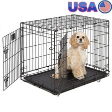 Double Door Folding Metal Dog Crate W/ Divider Leak-Proof Pan Portable Safe Home