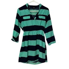 Rue 21 Navy Blue Mint Green Striped Elastic Waist Mini Dress Womens Med