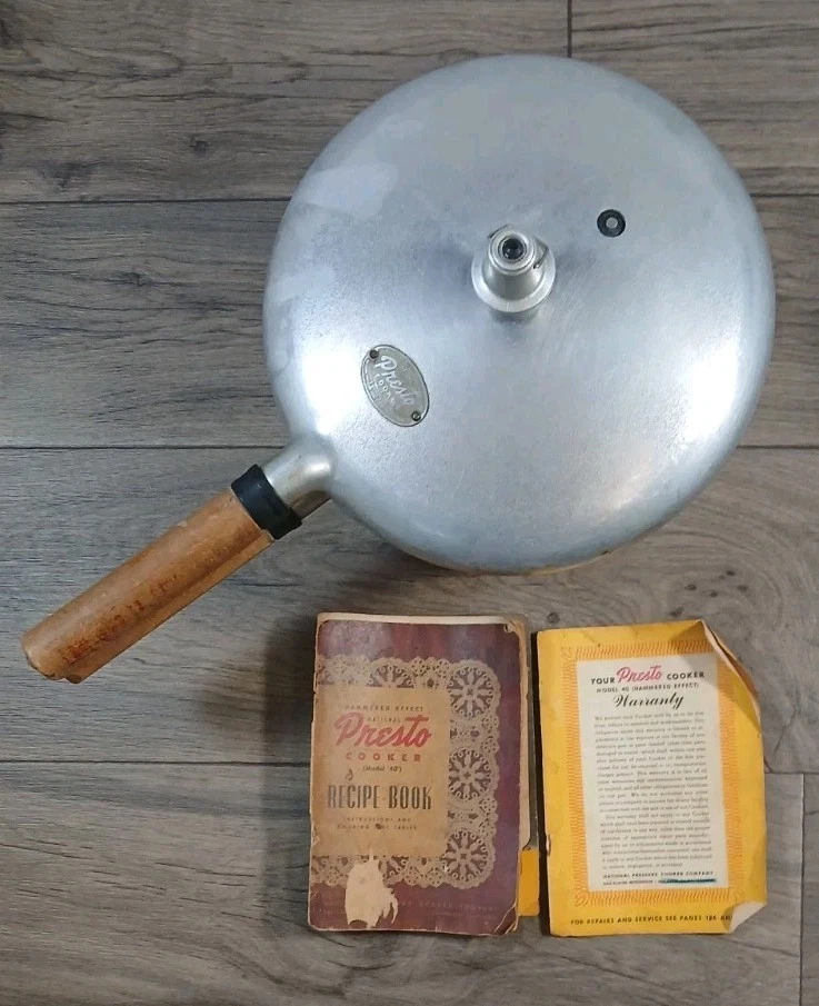 Vintage National Presto Pressure Cooker Wooden Handle Aluminum Model 40-H & Book