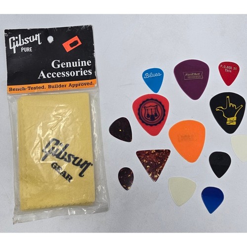 Vintage Gibson Guitar Polish Cloth NOS Sealed + Lot 12 Picks Mixed
