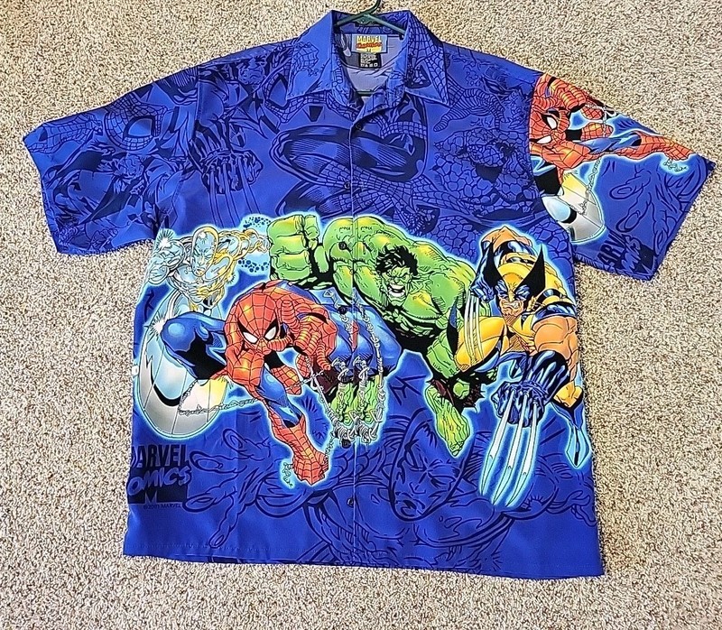 Vintage Marvel Comic Men Shirt Large Short Sleeve Retro Festival Y2K Hawaiian 