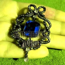 2.87Ctw Rose Antique Cut Diamond Sapphire Silver Vintage Gorgeous Brooch Jewelry