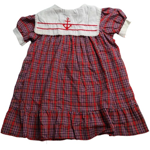 Vintage Sears Red Plaid Nautical Bib Collar Yoke Dress Size 6 Cottagecore 2086
