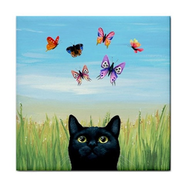 Large Ceramic Tile 6x6 Black Cat 606 Butterfly Blue Art Painting Ldumas