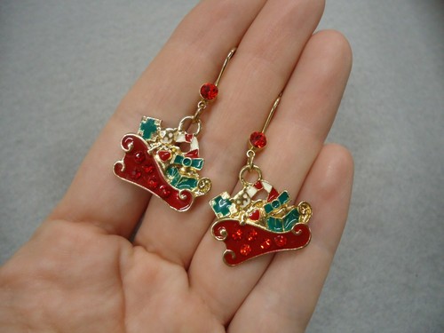 Vintage bunte Ohrringe Emaille Strass Weihnachten Schlitten Winter Urlaub - Bild 3 von 4