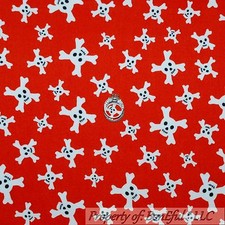 BonEful Fabric Flannel Cotton Quilt Red B&W Skull Skeleton Cross Bone RARE SCRAP