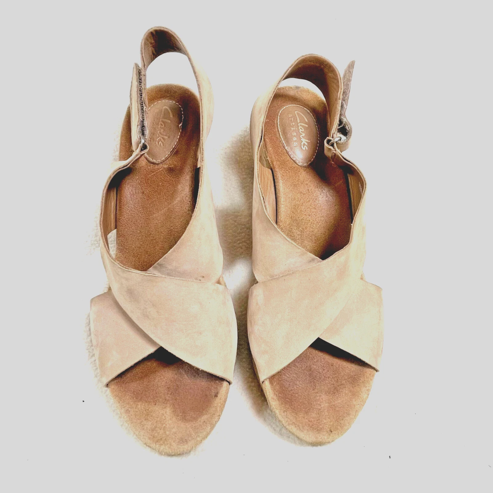Clarks Collection Women's Beige Suede Ankle Strap Open Toe Wedge Sandals Size 9M
