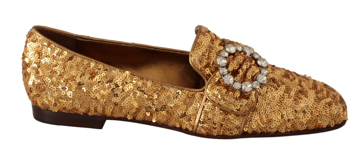 DOLCE & GABBANA Shoes Gold Sequin Crystal Flat Women Loafers  display picture 3