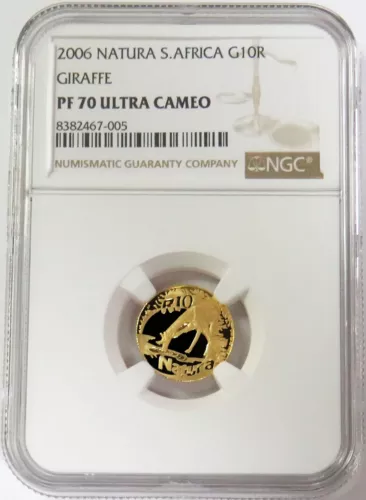 2006 GOLD SOUTH AFRICA GIRAFFE 10 RAND NATURA 1/10oz NGC PROOF 70 ULTRA CAMEO