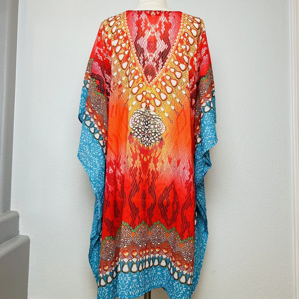 Túnica Ashley Taylor naranja/azul/multi lentejuelas cuello en V playa cubierta talla única nueva con etiquetas Foto 3 de 4