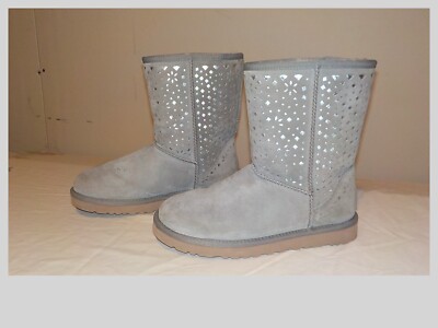 UGG Light Gray Classic Short Flora Perf Sheepwool Boots Women
