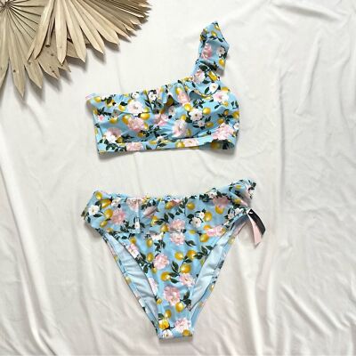Victoria s Secret Blue Lemon Ruffle One Shoulder Swim Top and Bottoms Bikini Set