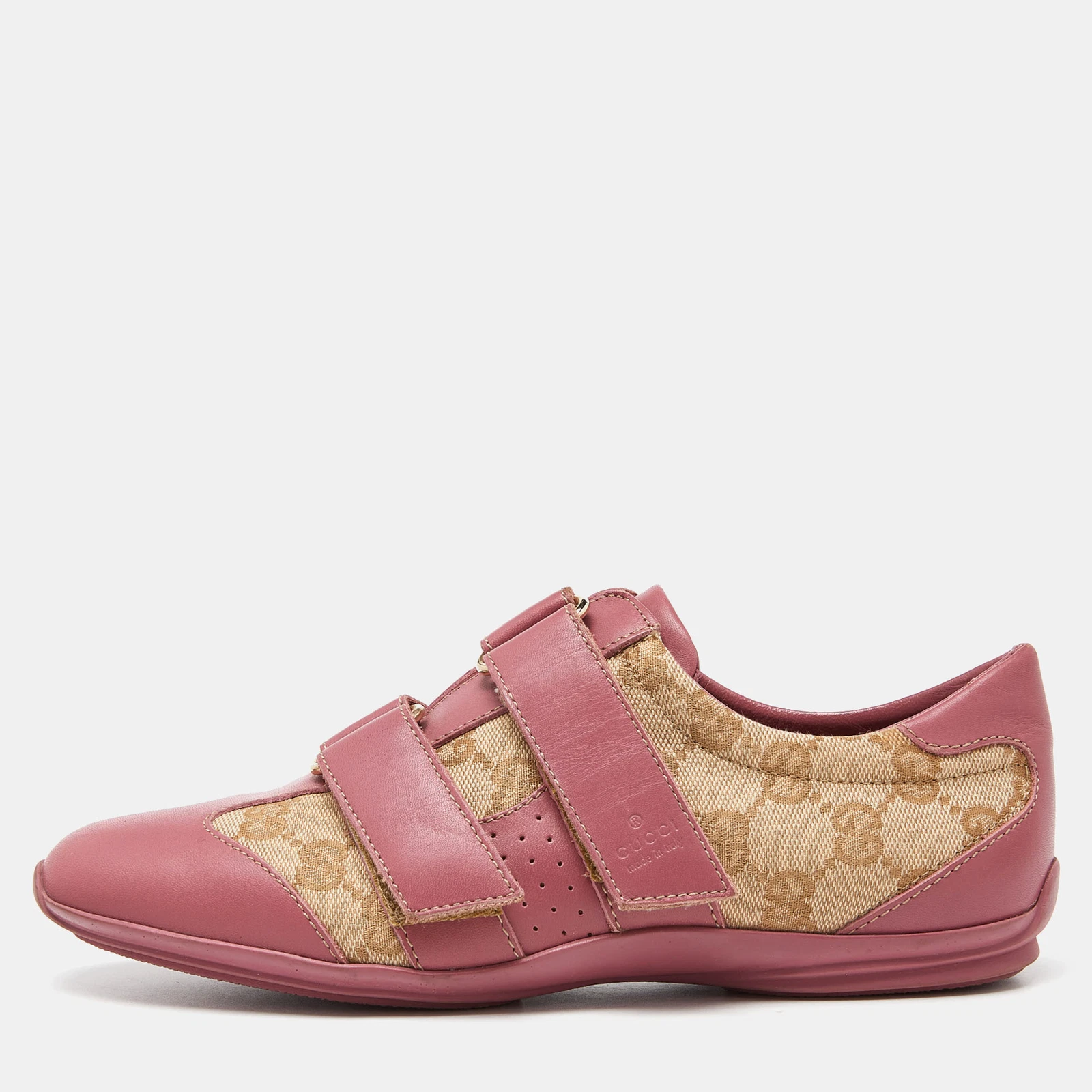 Baskets basses en toile et cuir Gucci beige/rose GG taille 35