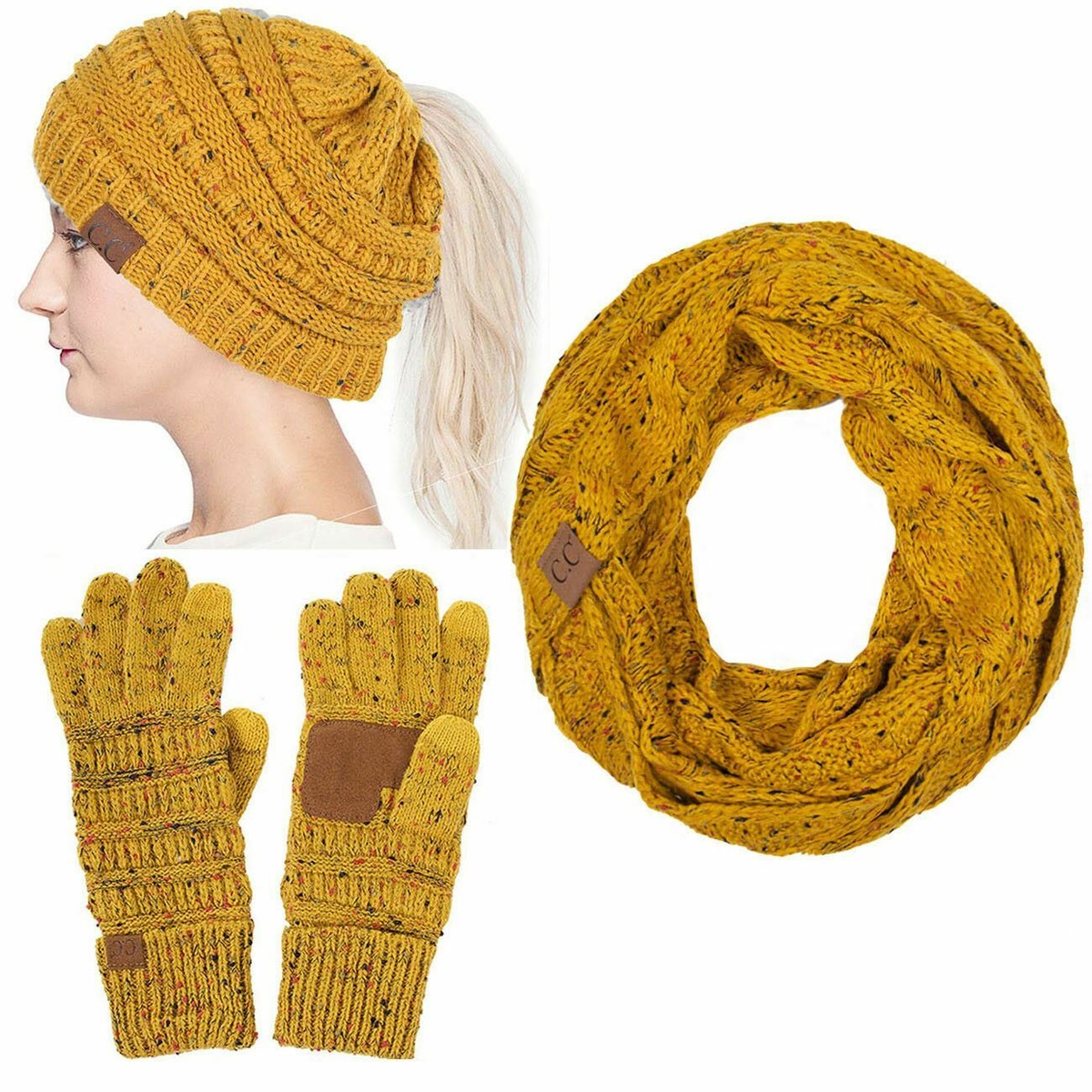 C.C 3pc Confetti Knit Beanie Ponytail Hat Infinity Scarf  display picture 2