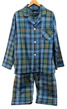 Vtg Bill Blass Men  s L Blue Green Plaid 50/50 Pajama Set Long Sleeve