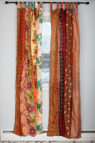 Vintage Indian Sari Patchwork Curtain Drape Window Decor Silk Orange Curtain - Afbeelding 1 van 10