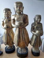 Antique Buddhist Monk carved  Wood,  gold painted  ONE Statue Asia, Thailand