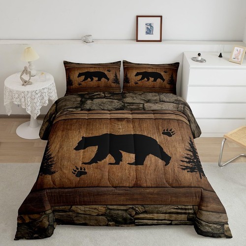 Rustic Bear Comforter Set Queen Size, Wildlife Hunting Theme Quilt Set with 2...