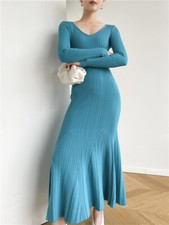 Winter New V-neck Strip Slim Fishtail Dress Long Dress Womens Long Sleeve Party