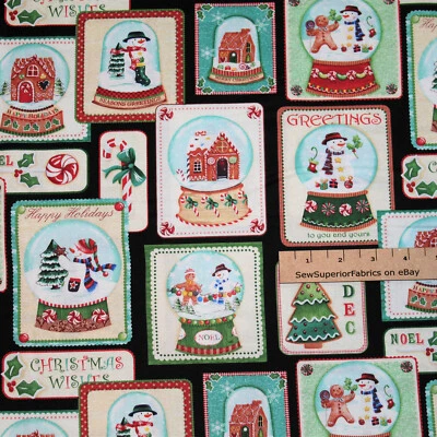 Happy Holidays Snowmen Snowglobe Blk Benartex Christmas Fabric 1/2 Yard #4576-12