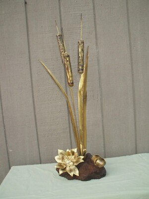 Torched Brass Mid Century Brutalist Cattails Lillies Sculpture Lava Rock Base