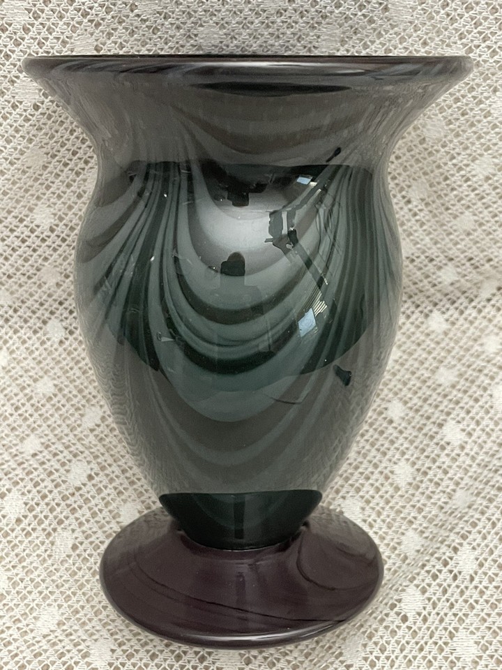Art Glass Vase 6.0" MidCentury Modern Gray/Green/Black Swirl Drape
