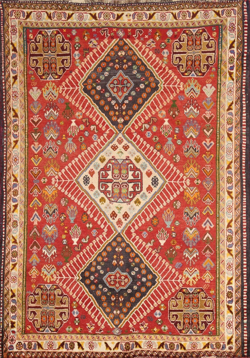 Vintage Geometric Tribal Red Rug 4x5 Hand-knotted Traditional