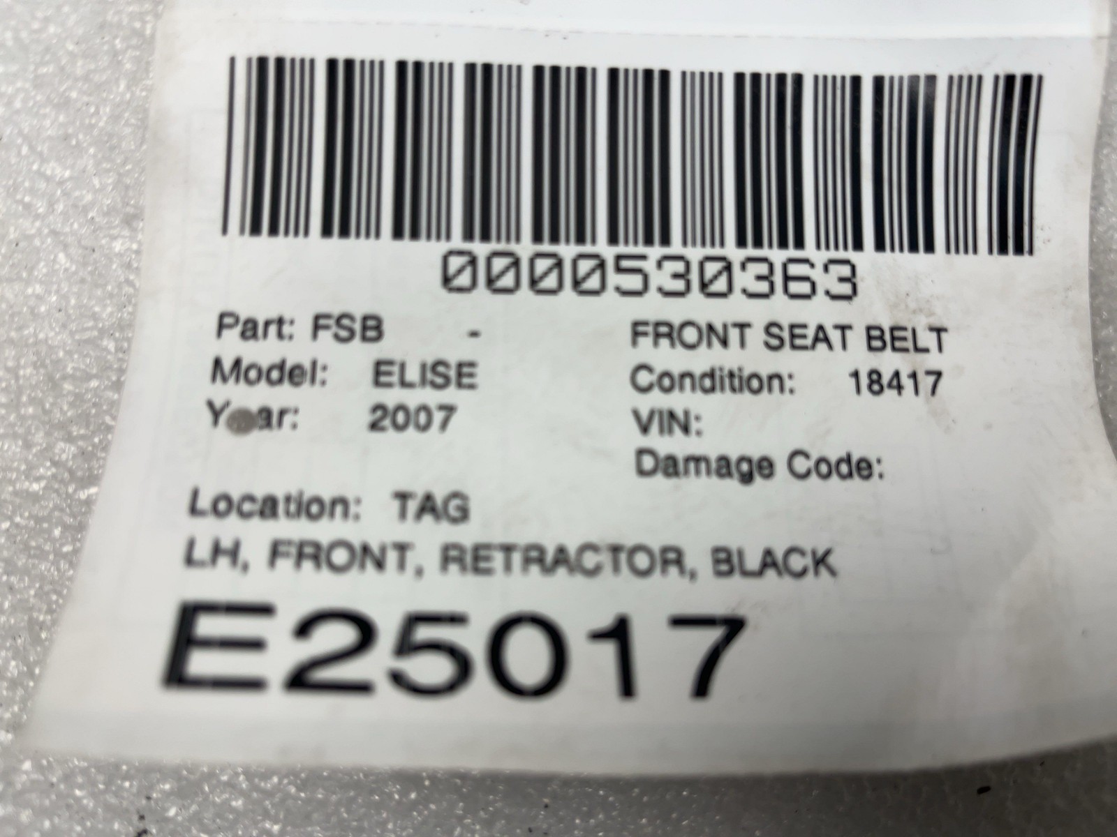 2007 LOTUS ELISE Left Drivers Side Black Front Seat Belt RETRACTOR OEM 18K MILES