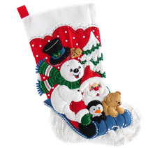 NEW Finished Bucilla Christmas Stocking Santa Snowman Sledding Winter Fun