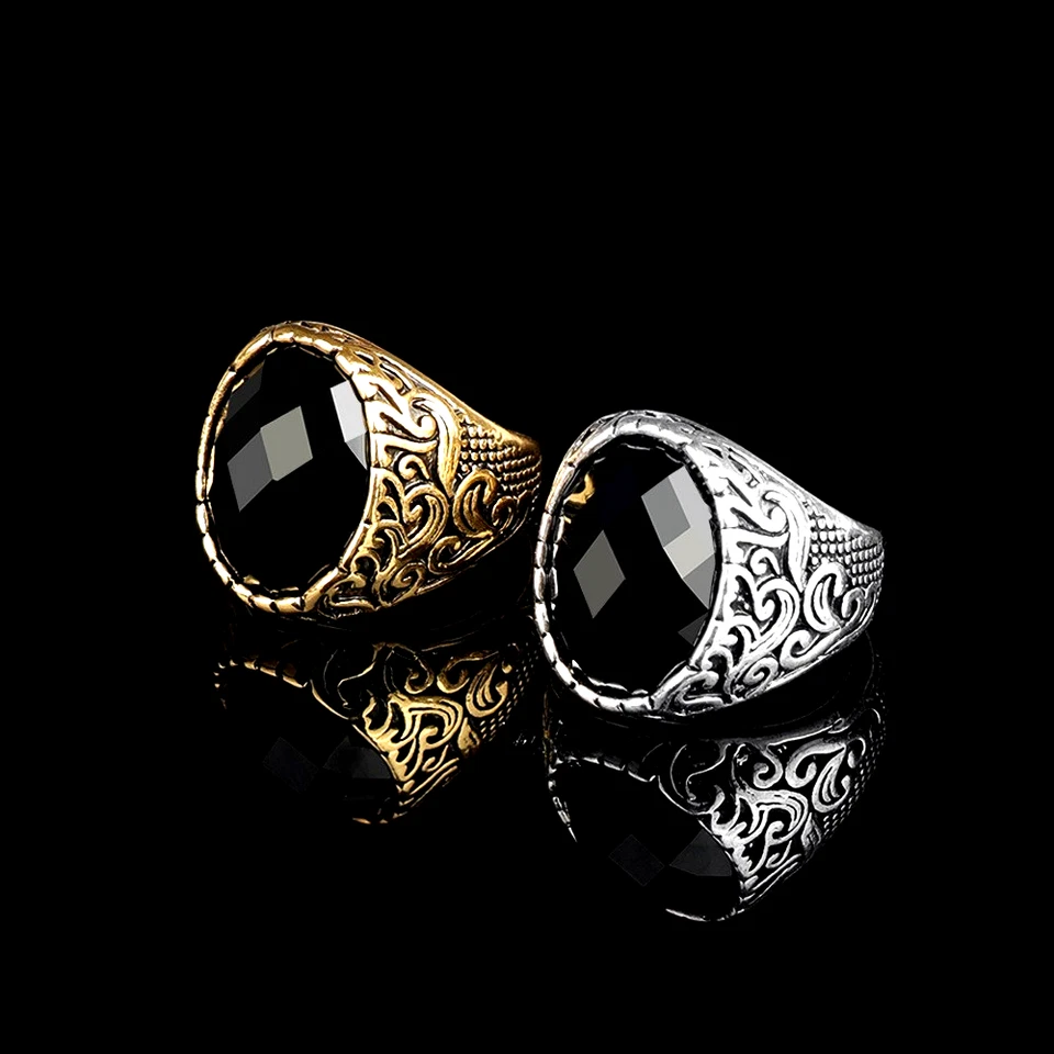 Мужское смелое винтажное кольцо с ониксом позолота серебро покрытие готический стиль модный подарок - Изображение 3 из 4