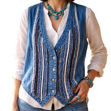 VTG 90s Koret City Blues Denim Vest 22W Plus Ruffle Trim Boho Western