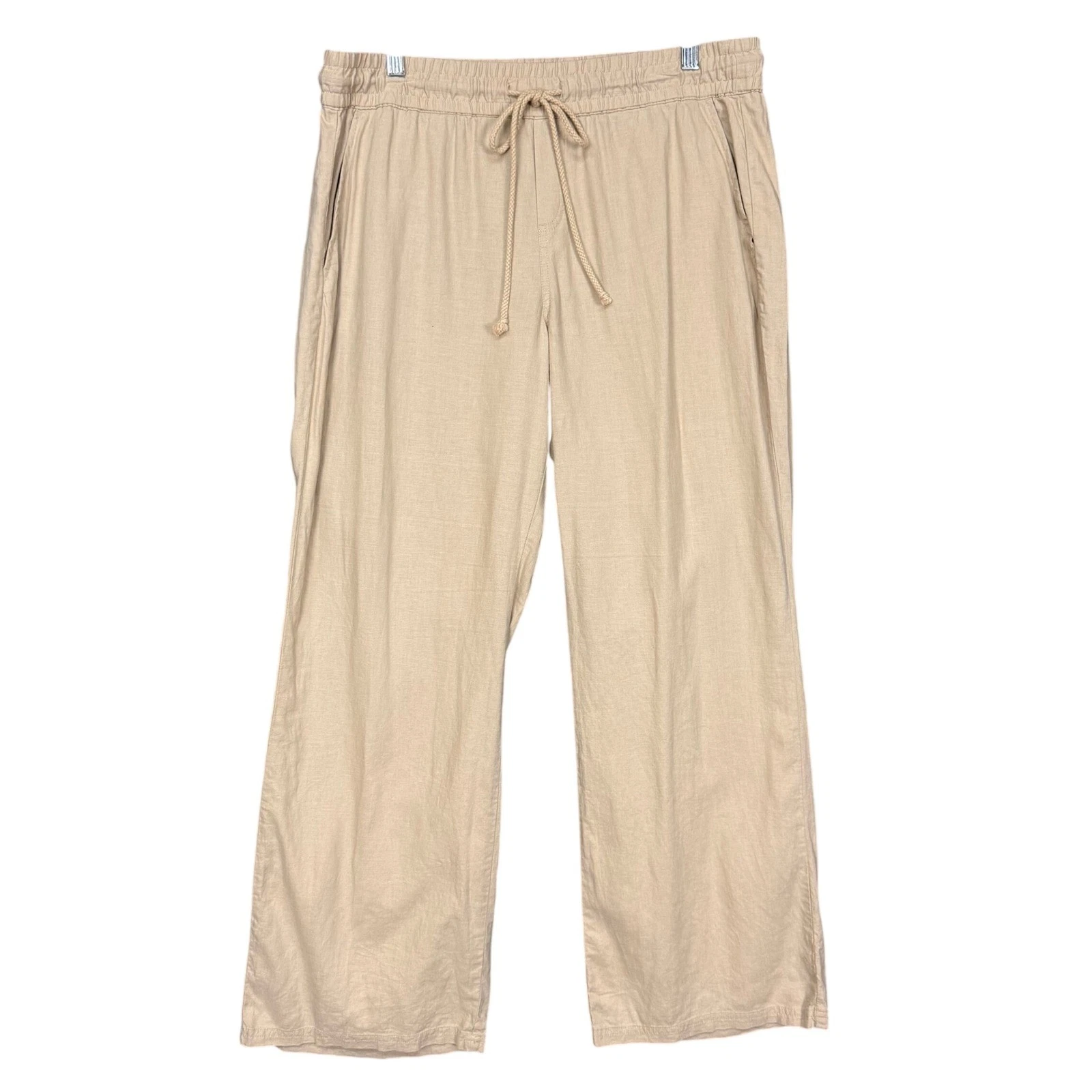 Soho New York & Company Pants Women Large Tan Linen Blend Wide Leg Drawstring