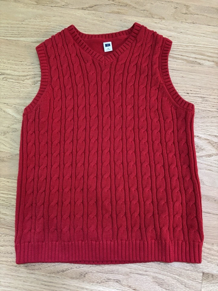 Janie and Jack Boys Cable Knit Red Holiday Sweater Vest & Dress Shirt Size 10 - Image 2 of 4