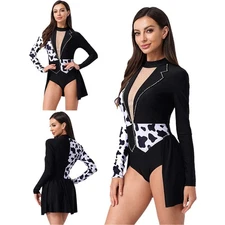 Women Black and White Dalmatian Costume Long Sleeve Leotard Devil Witch Outfits