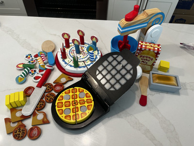 Melissa and Doug Wooden Pretend Play Food & Kitchen Tool Lot- Waffle Iron, Mixer