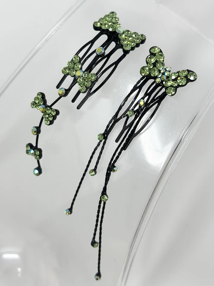 Vintage Green Rhinestone Butterfly Hair Combs Black Metal Dangle Hair Pins Pair - Image 4 of 4