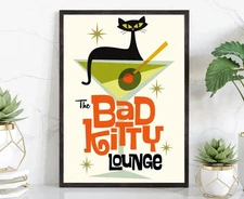 Mid Century Modern Atomic Cocktail Bar Wall Art, Black Cat Art Print
