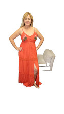Boho Maxi Dress for Women Small Orange Swan Embroidery Button Front Sleeveless V