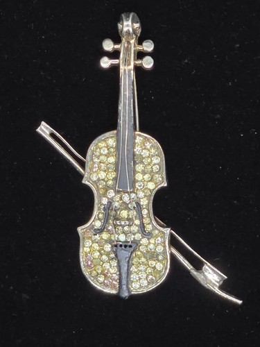Vtg Sterling Silver Rhinestone Musical Violin Brooch Pin