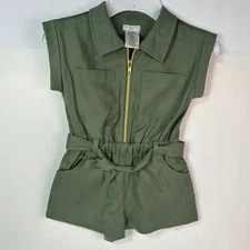 Max Studio Kids Utility Romper XS (4) Olive Green Belted Zip Girls EUC