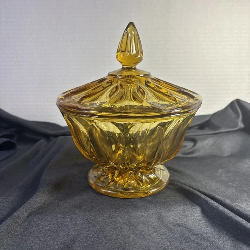 Vtg Anchor Hocking Amber Yellow Fairfield Covered Glass Candy Dish With Lid