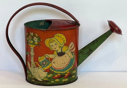 Vintage J. Chein Tin Litho Child's Watering Can Boy & Girl Watering Flowers