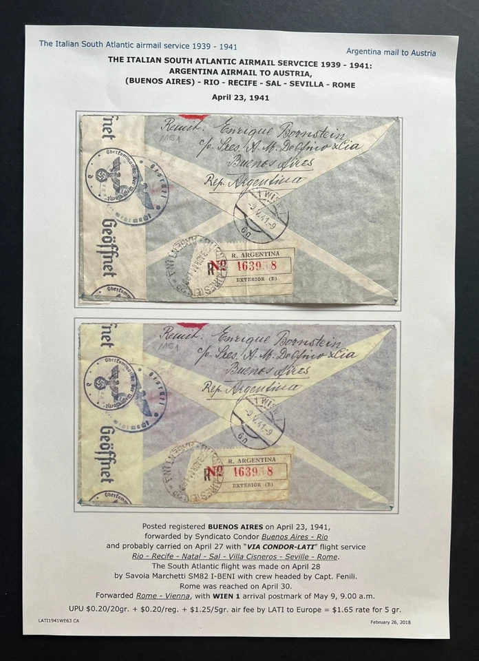 1941 Argentina Cover To Australia Buenos Aries Italian South Atlantic Airmail - image 2 of 2