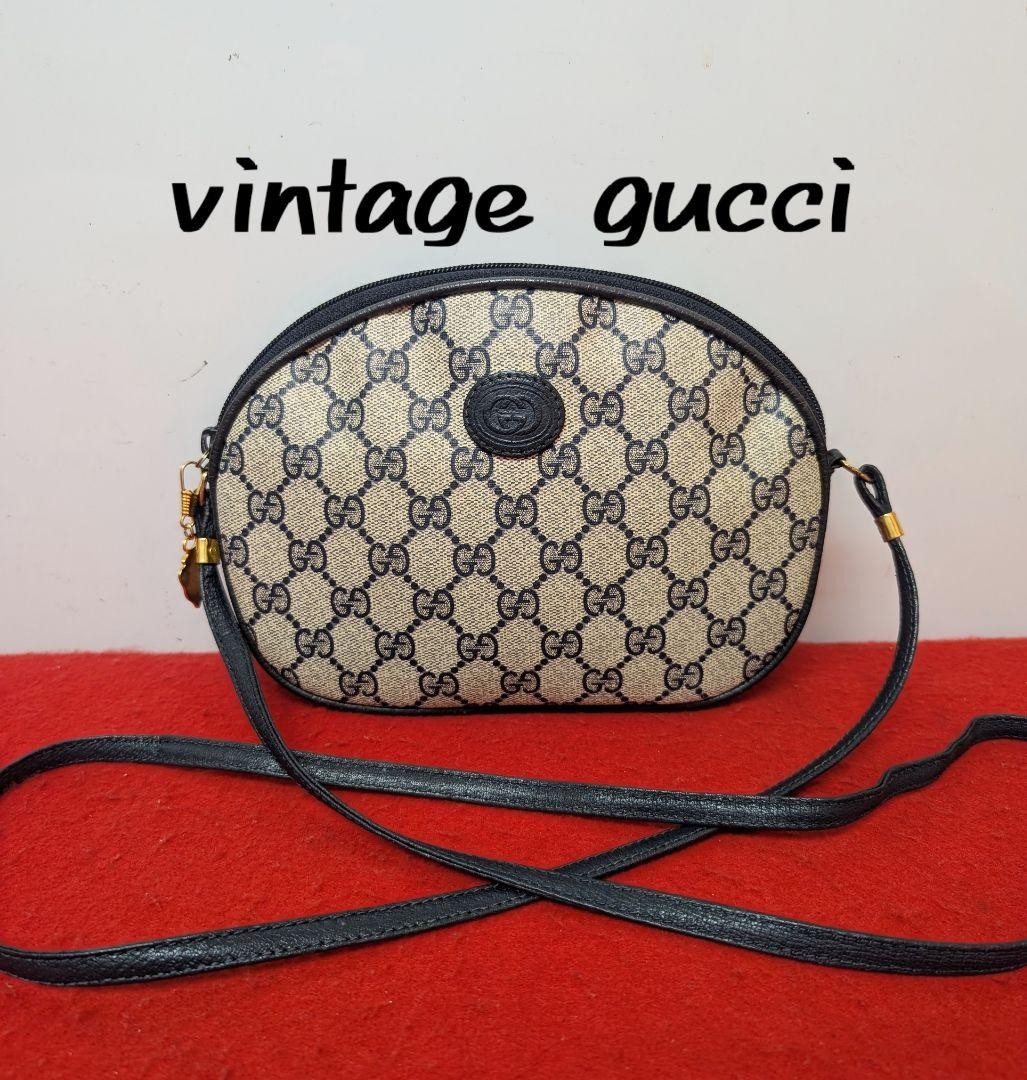 GUCCI Vintage GG Pattern Shoulder Bag Canvas Leather Beige Black From Japan