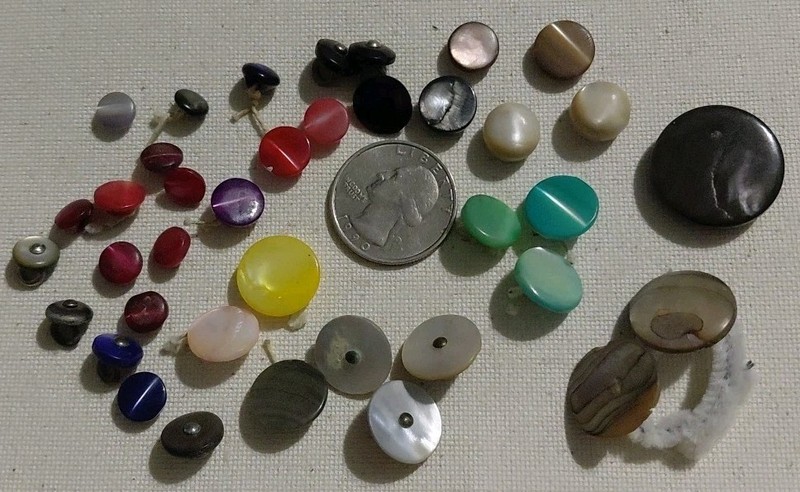 Mixed Lot of 40 Vintage Carved Mother of Pearl Shank Buttons, Many Colors